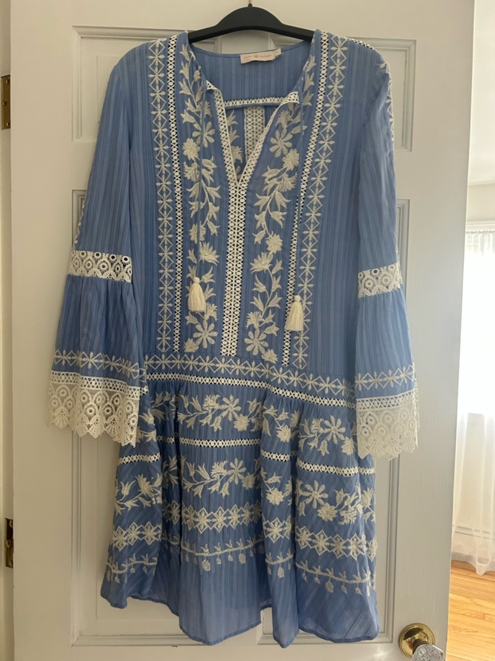 Tory Burch Light Blue and White Embroidered Long Sleeve Dress